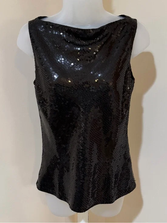 NEW BEAUTIFUL ANN TAYLOR BLACK SEQUIN BOAT NECKLINE SLEEVELESS TOP SIZE 0 - Picture 1 of 16